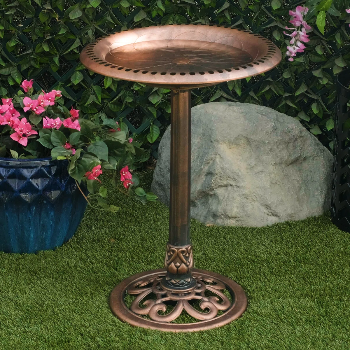 Pedestal Birdbath with Scrollwork Base and Stakes - Image 2